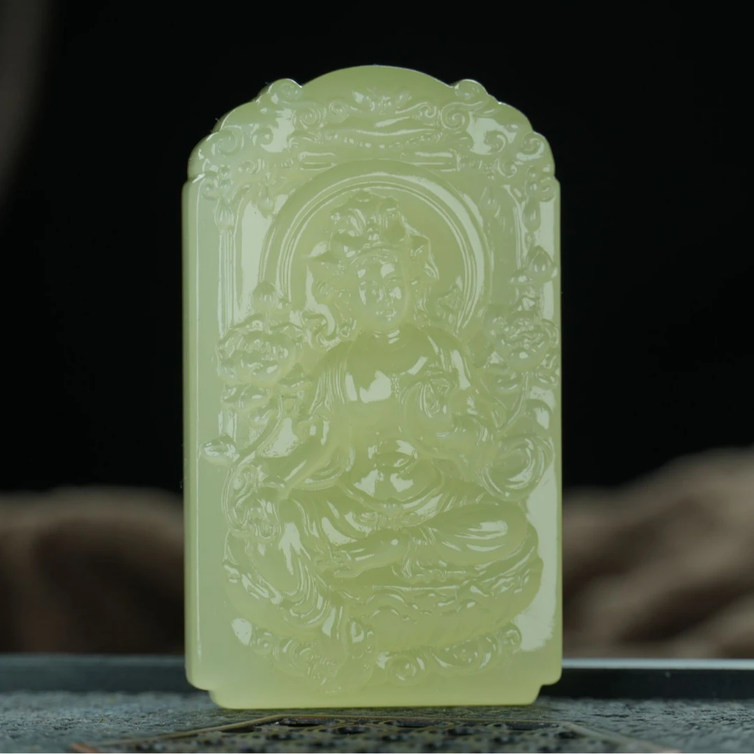 【人之初臻品】收藏级冰黄口观音吊坠天然和田玉精雕男士挂件黄玉