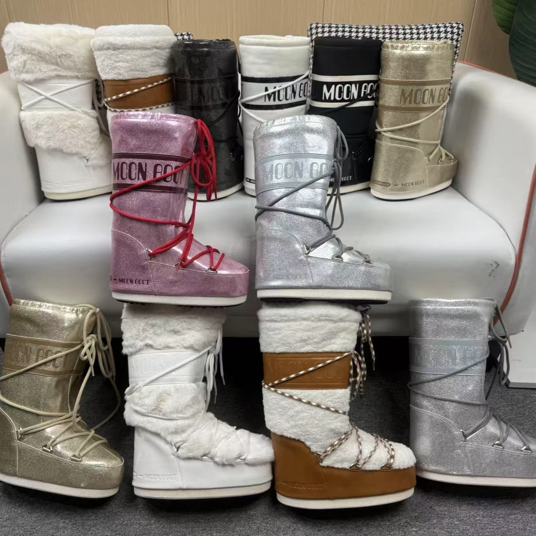 2025新款月亮靴增高 6公分加绒加厚套筒棉靴防水防滑绑带面包短靴
