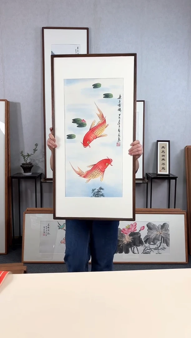 【闪购商品】国画手绘*连年有余*47*92cm实木框