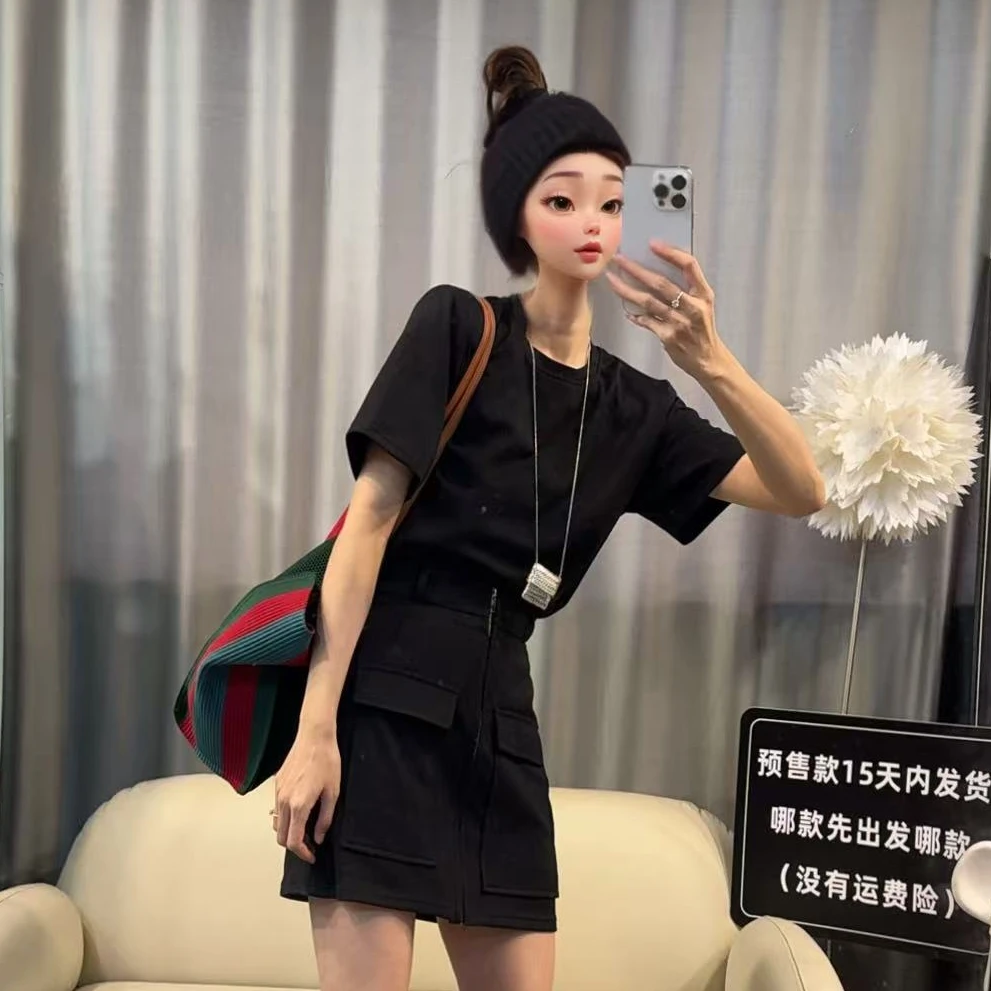 【文乐乐】夏季新款高级气质显瘦时尚休闲潮流T恤裙子两件套2527