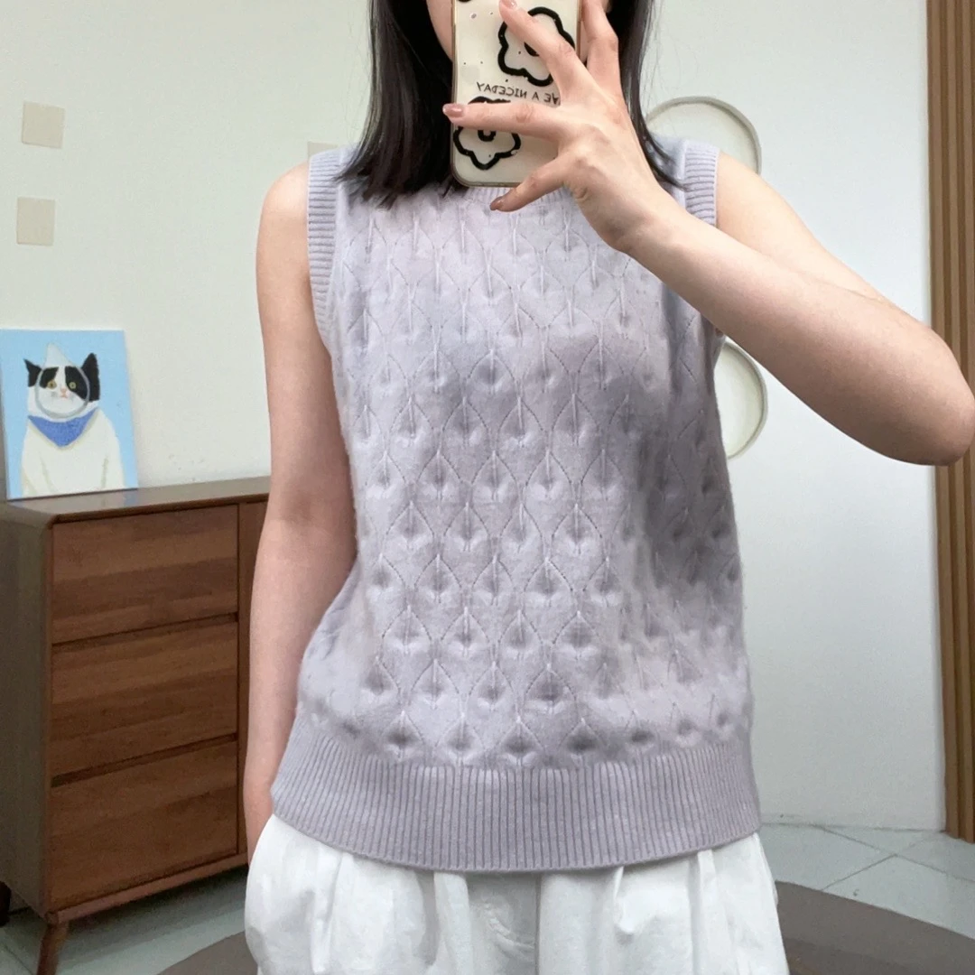 【出口品质】100%山羊绒镂空针织百搭无袖背心宽松百搭简约