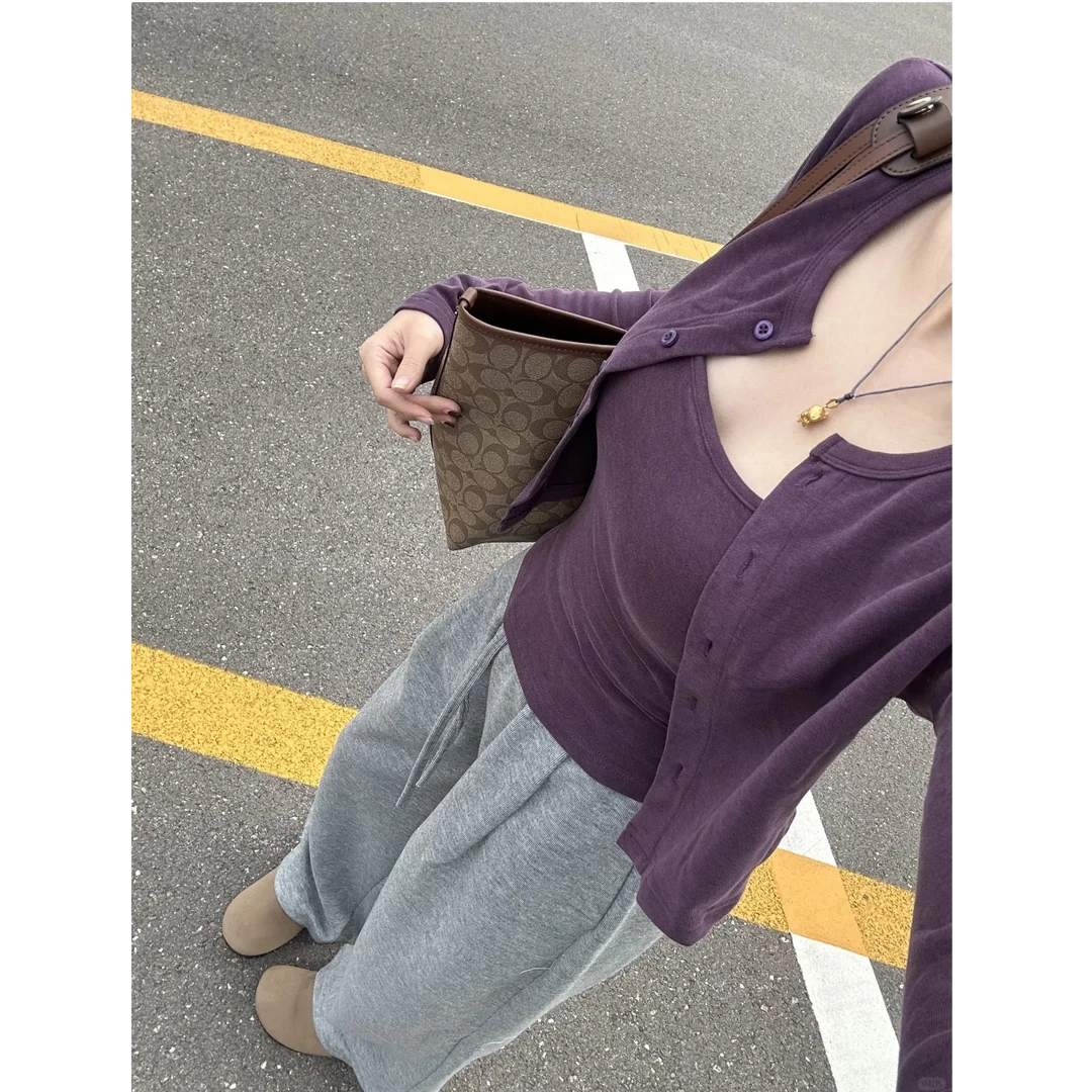 温柔风时尚百搭修身紫色开衫外套内搭吊带背心穿搭高级感两件套装