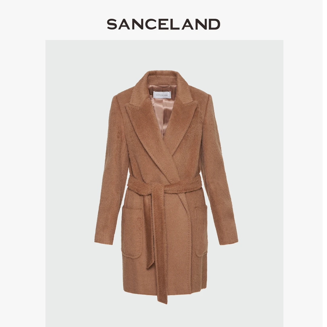 三石一澜高级羊驼毛大衣女中长款系带收腰气质毛呢外套SG47113089