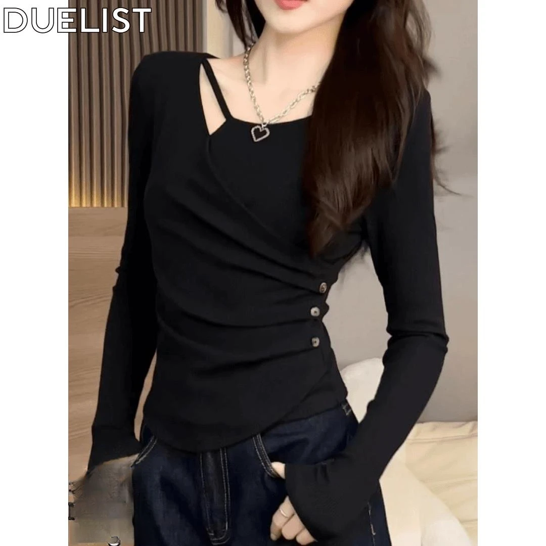 DUELIST黑色性感风格不对称长袖T恤初秋女性与设计腰和右肩修身潮