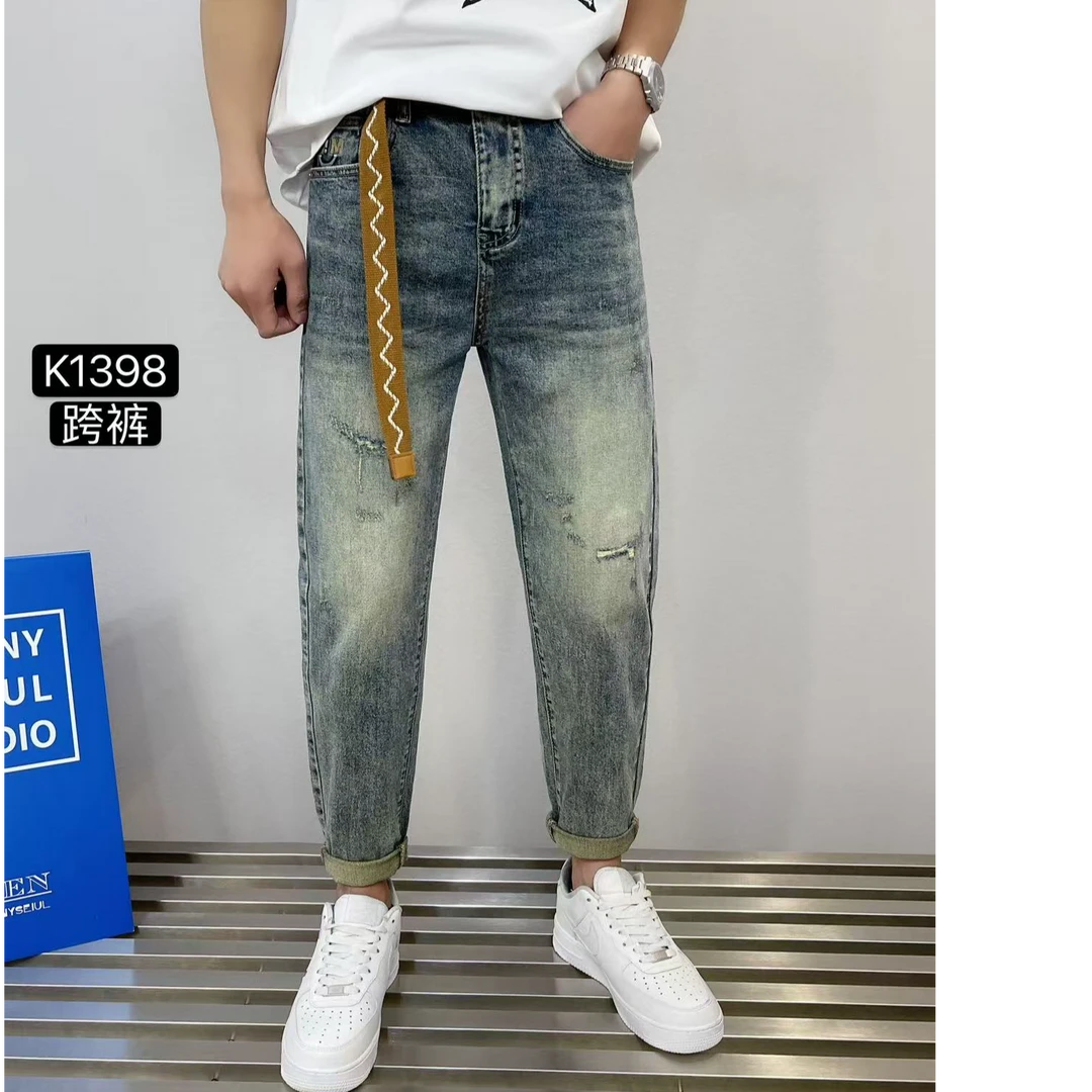 2025小脚牛仔裤男士修身破洞夏季时尚个性水洗