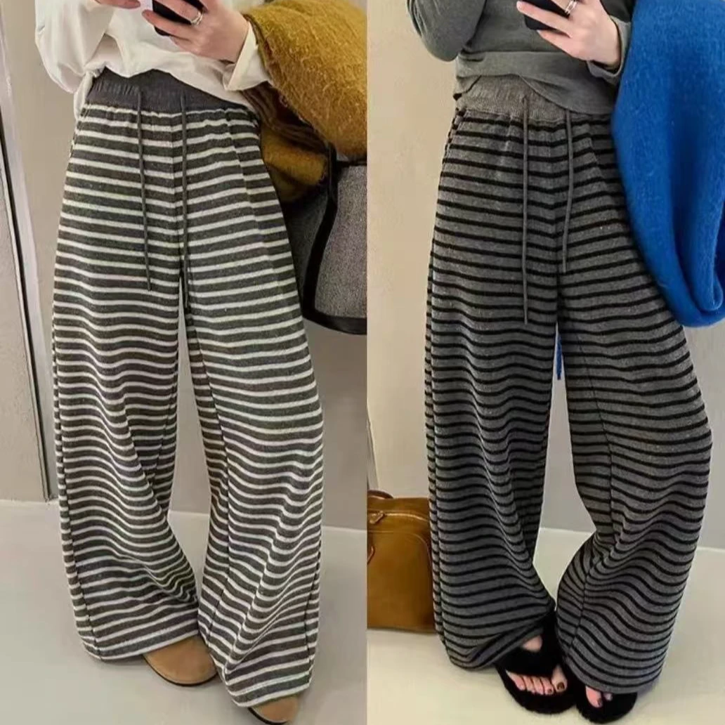 【6127】春秋新款条纹阔腿裤高腰直筒休闲百搭外穿宽松拖地垂感
