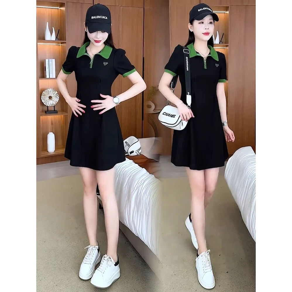 时尚短袖连衣裙女夏季新款洋气显瘦小个子收腰POLO领中长款休闲裙