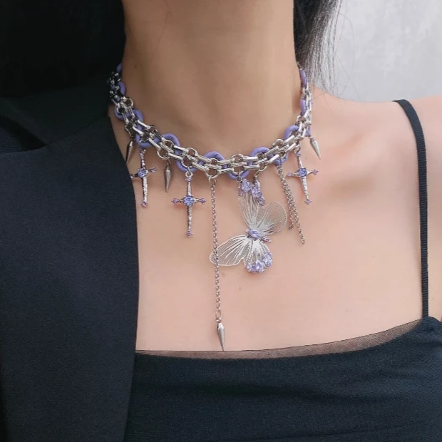 钛钢皮质项链 A16破茧锋芒甜酷辣妹紫色皮革流苏蝴蝶十字架吊坠