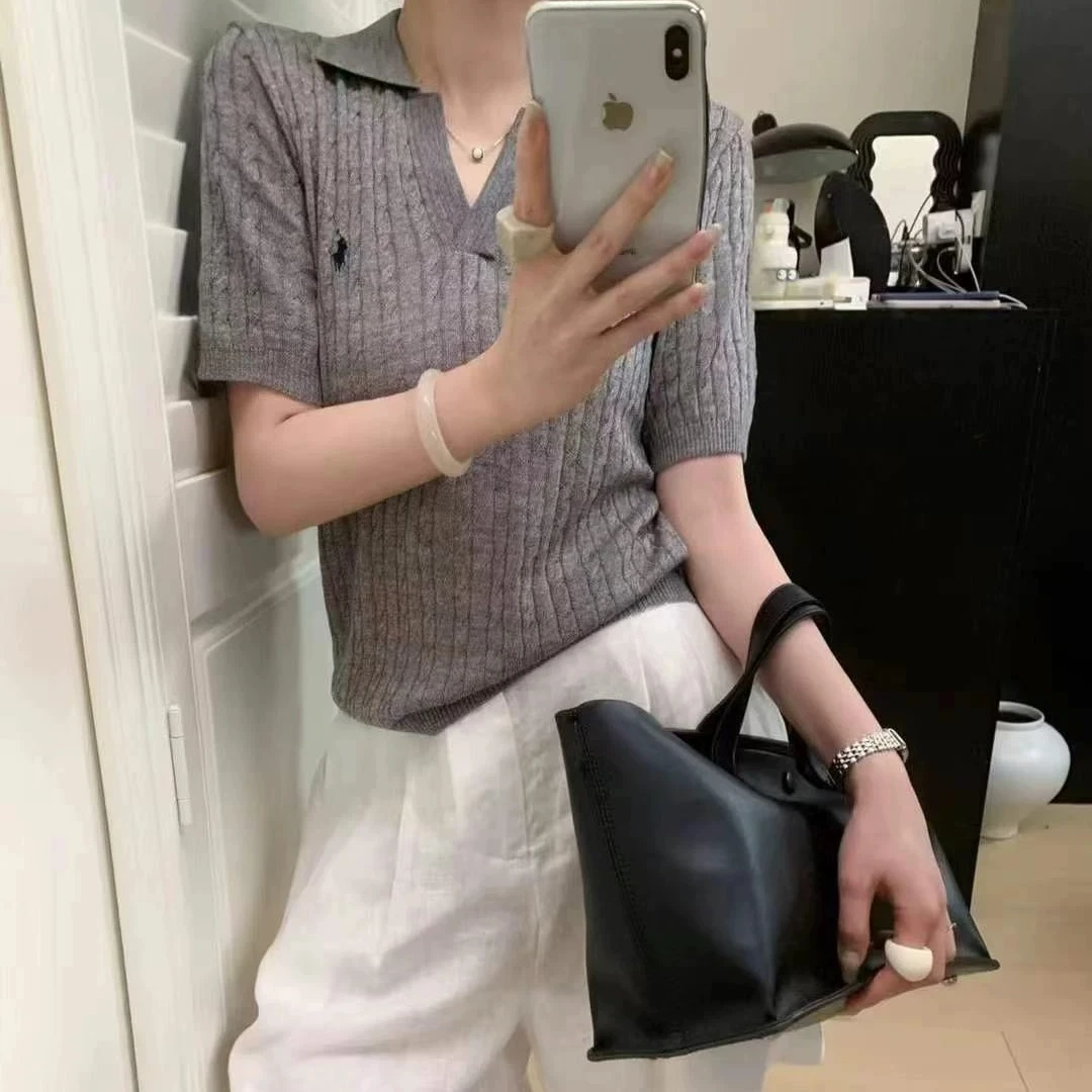 LB有运费补贴~灰色麻花V领时尚休闲复古莱赛尔天丝上衣