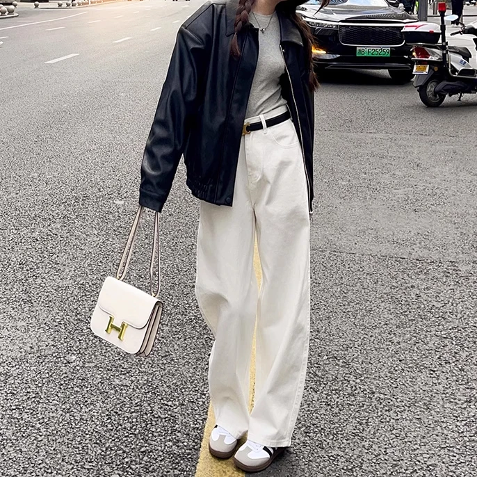 拉夏贝尔白色阔腿裤女高腰2025春秋宽松垂感拖地裤小个子牛仔裤