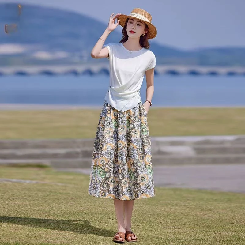 t恤碎花半身裙两件套装女夏气质高级感减龄套装HJ-1797