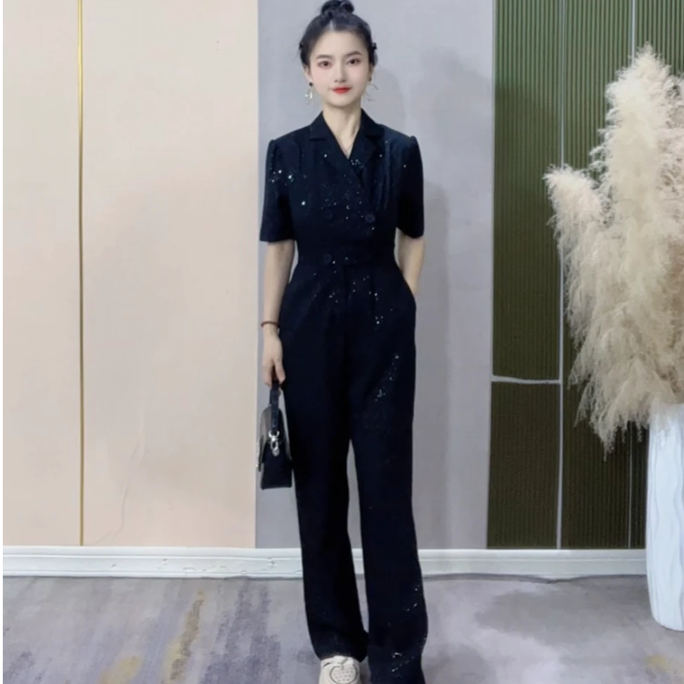 小个子高级感星空黑西装短袖连体裤女收腰显瘦休闲连体衣裤