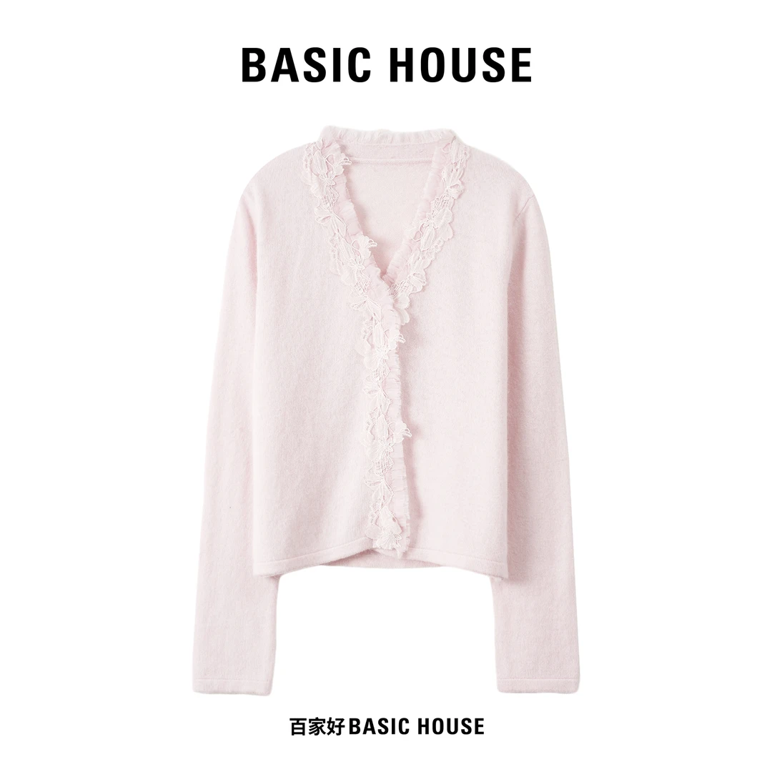 Basic House/百家好2025年秋蕾丝领拼接甜美风粉色针织衫P112 XX
