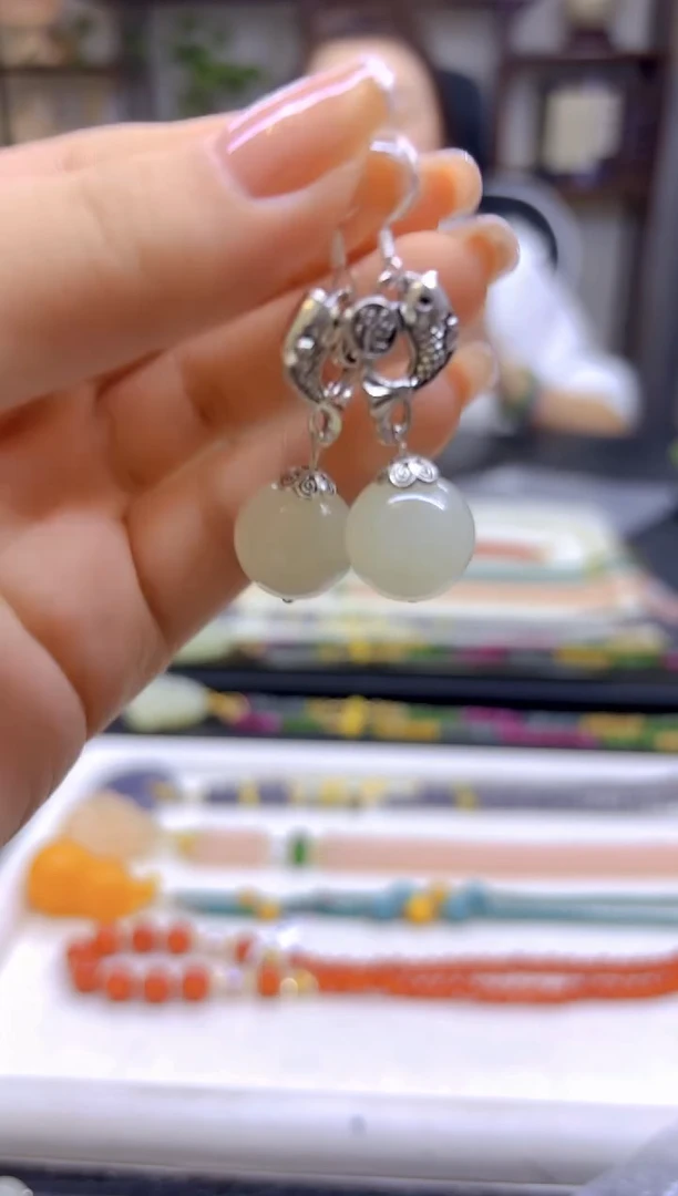 和田玉（白玉）银S925镶嵌耳饰DIY款E783