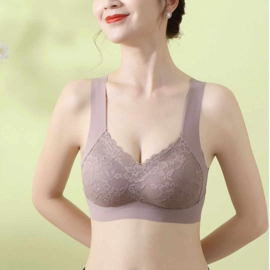 蕾丝无钢圈大码文胸聚拢花纹薄款女士性感美背红色小胸调整型睡眠