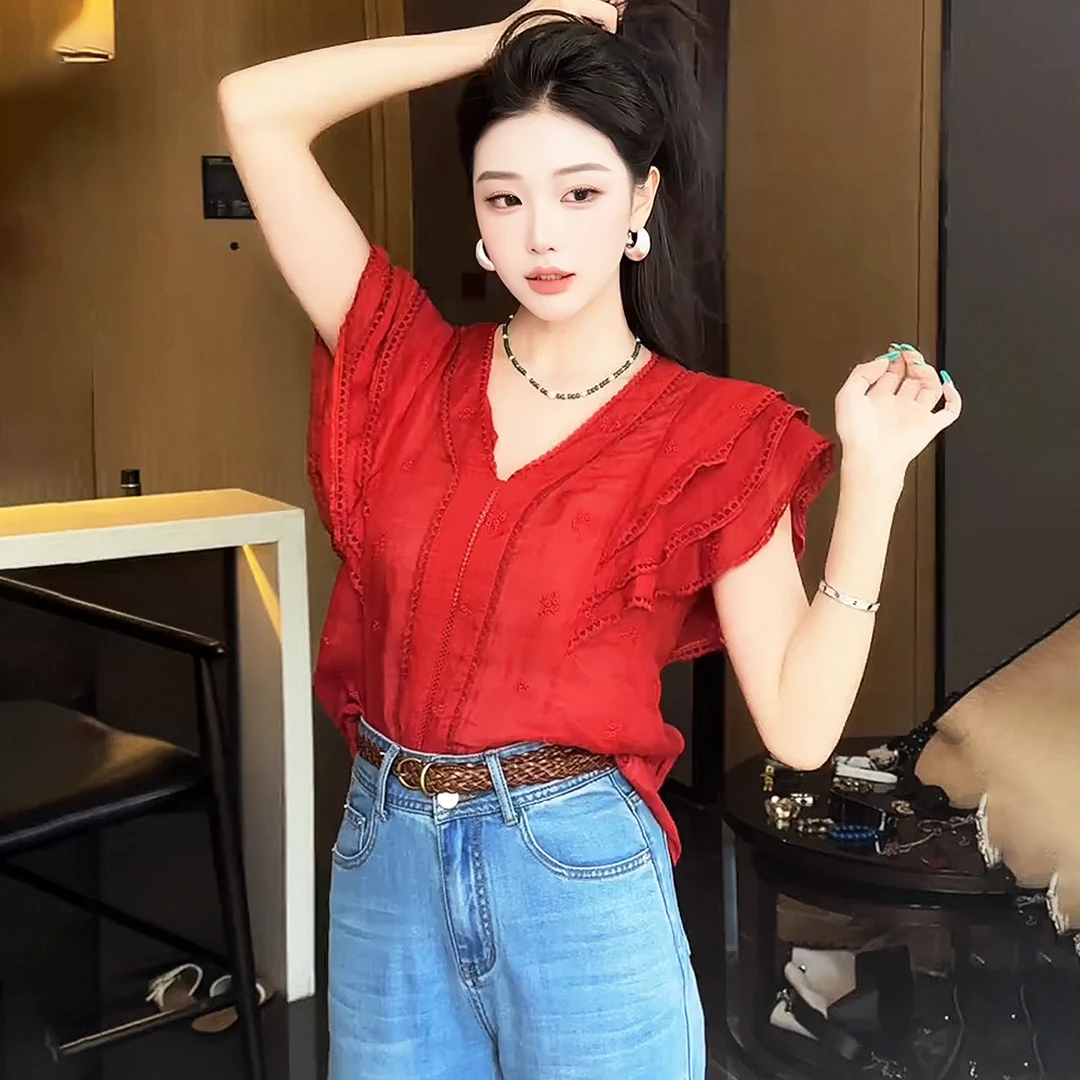 爆款夏季小飞袖上衣女轻奢高级感2025新款红色v领雪纺短袖衬衫女