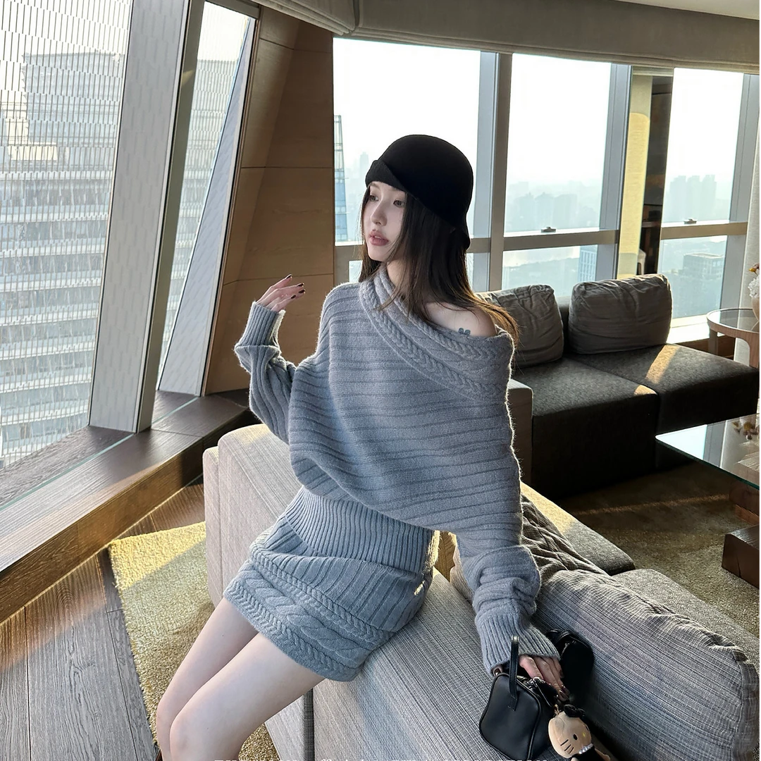 韩系慵懒风斜肩绞花套头毛衣女2026冬季新款针织弹力高腰半裙套装