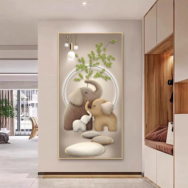 现代简约入户玄关装饰画奶油风大象走廊过道挂画绿植竖版进门壁画
