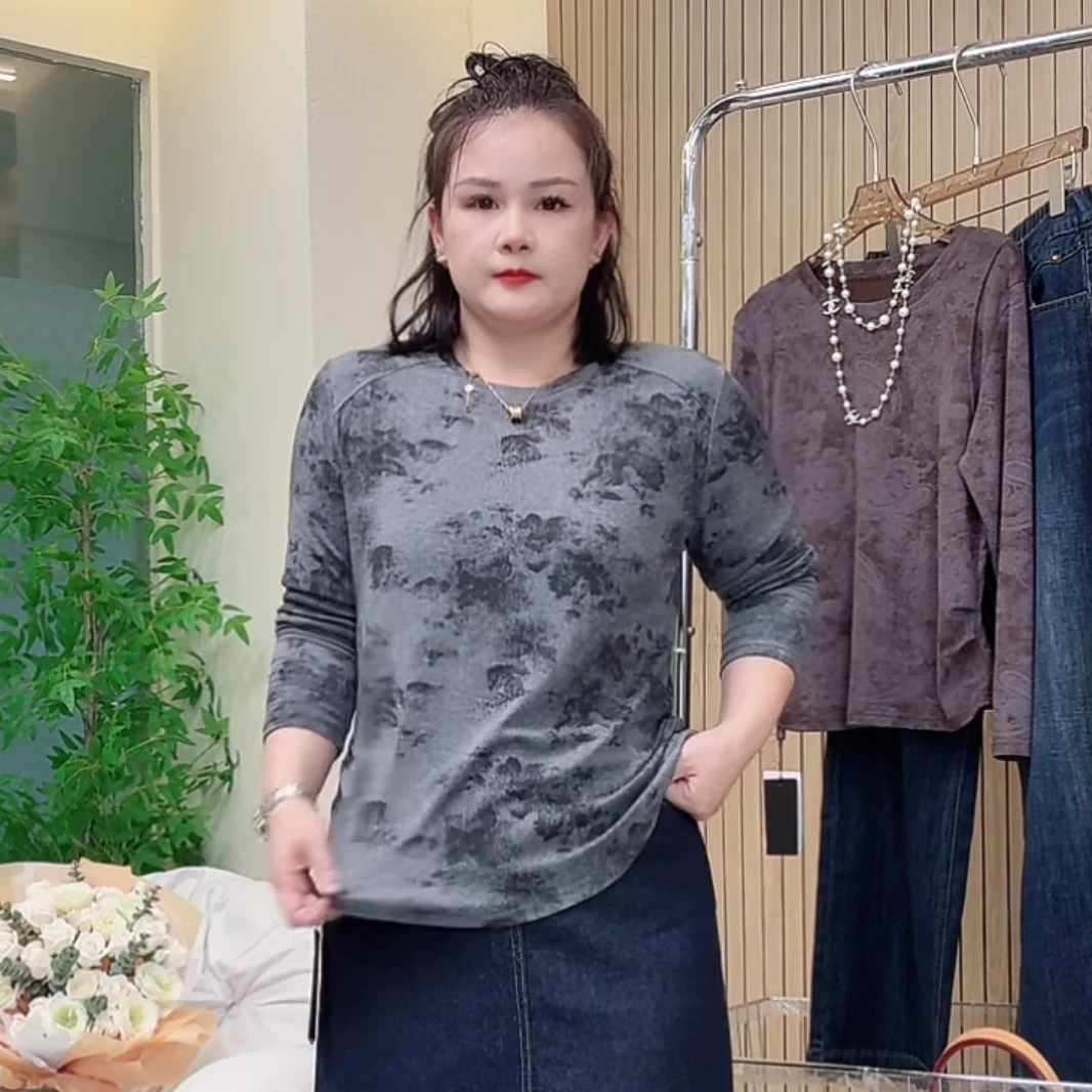 【枫叶墨水】3弹力圆领双侧抽褶扎染长袖微胖女装显瘦打底衫上衣