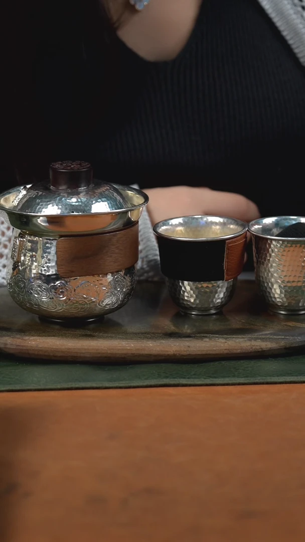 新品手工盖碗银壶+2银杯