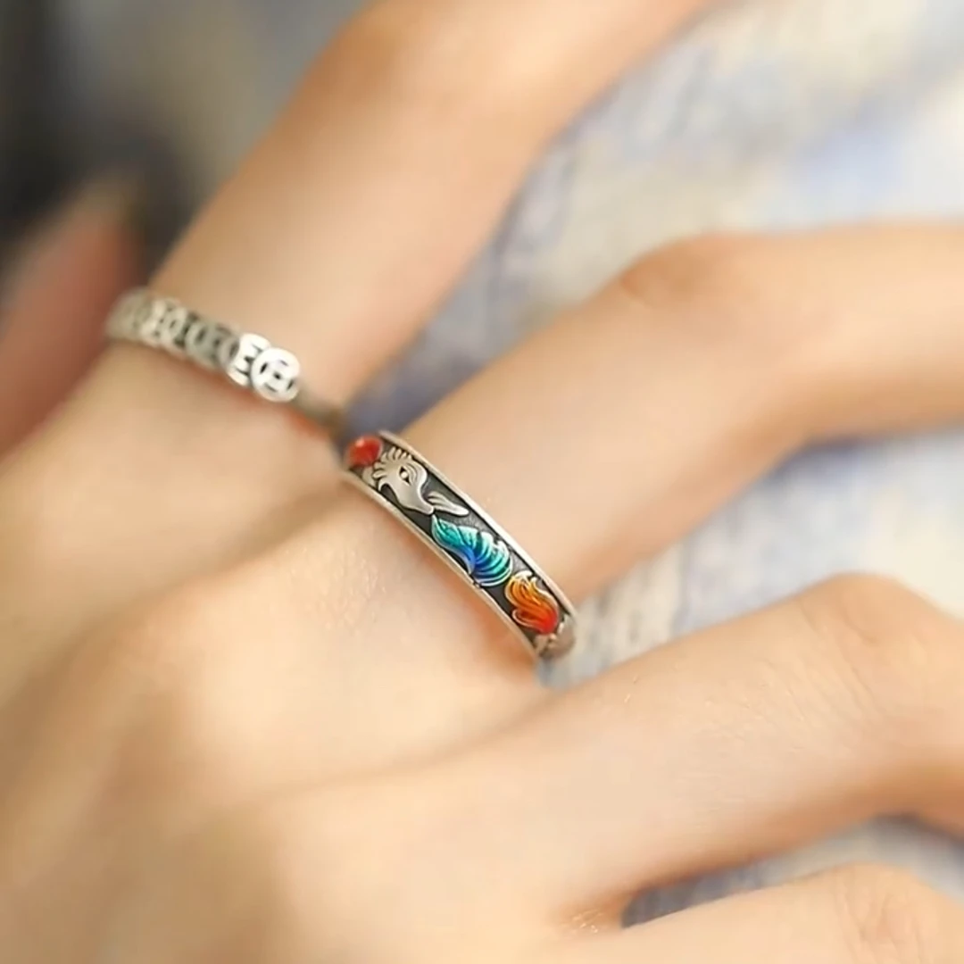 新中式珐琅滴釉彩色九尾狐狸戒指女款小众国风百搭铜钱开口食指环