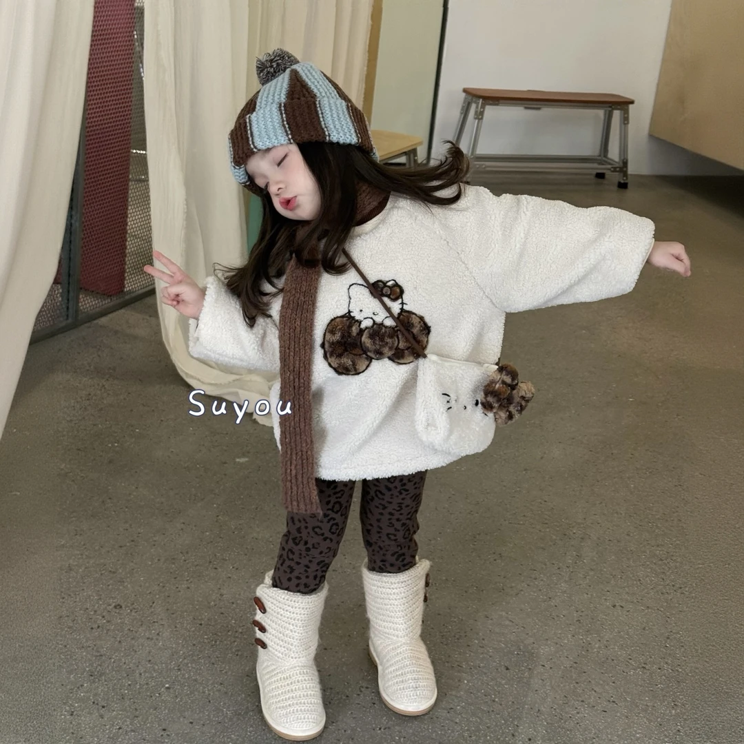 苏右 25冬女童豹纹Kitty毛毛卫衣65019 豹纹加绒打底裤65165（汉服