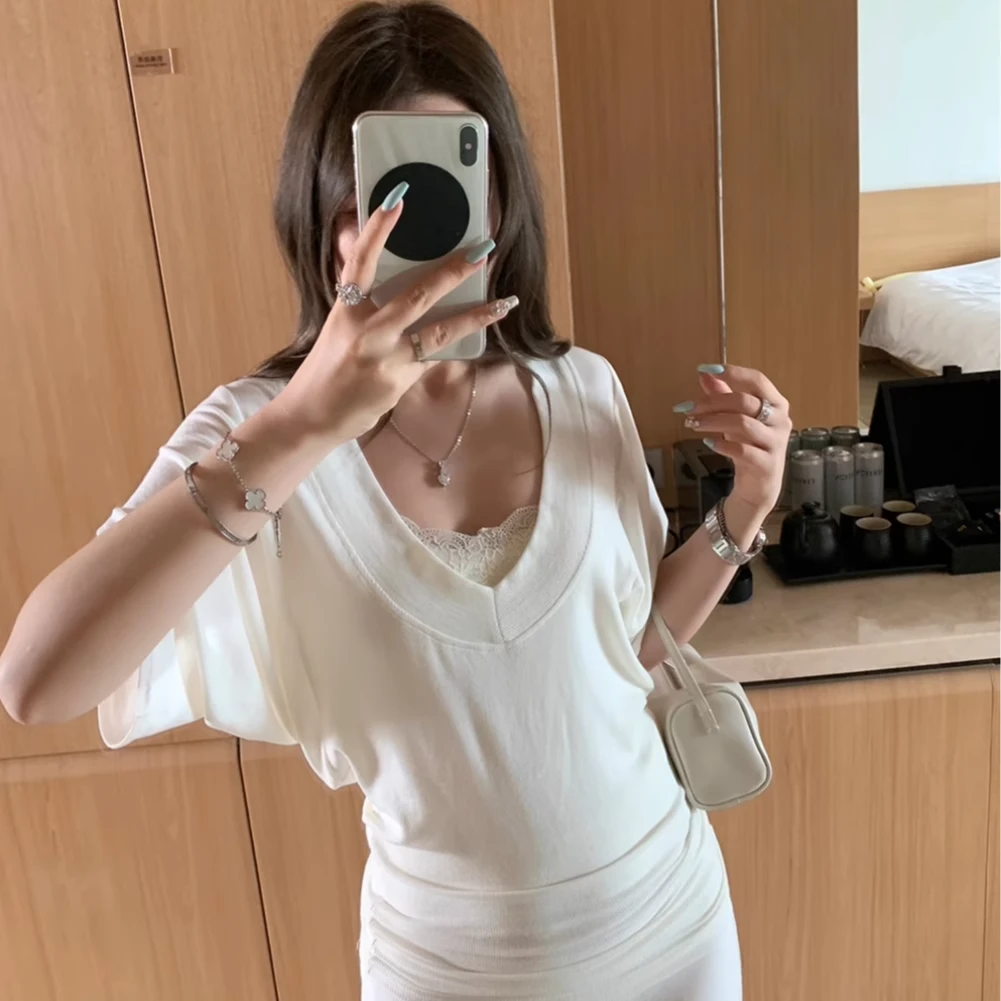 MIQIJIAO慵懒风修身显瘦V领短袖T恤女夏新款打底衫蝙蝠袖罩衫上衣