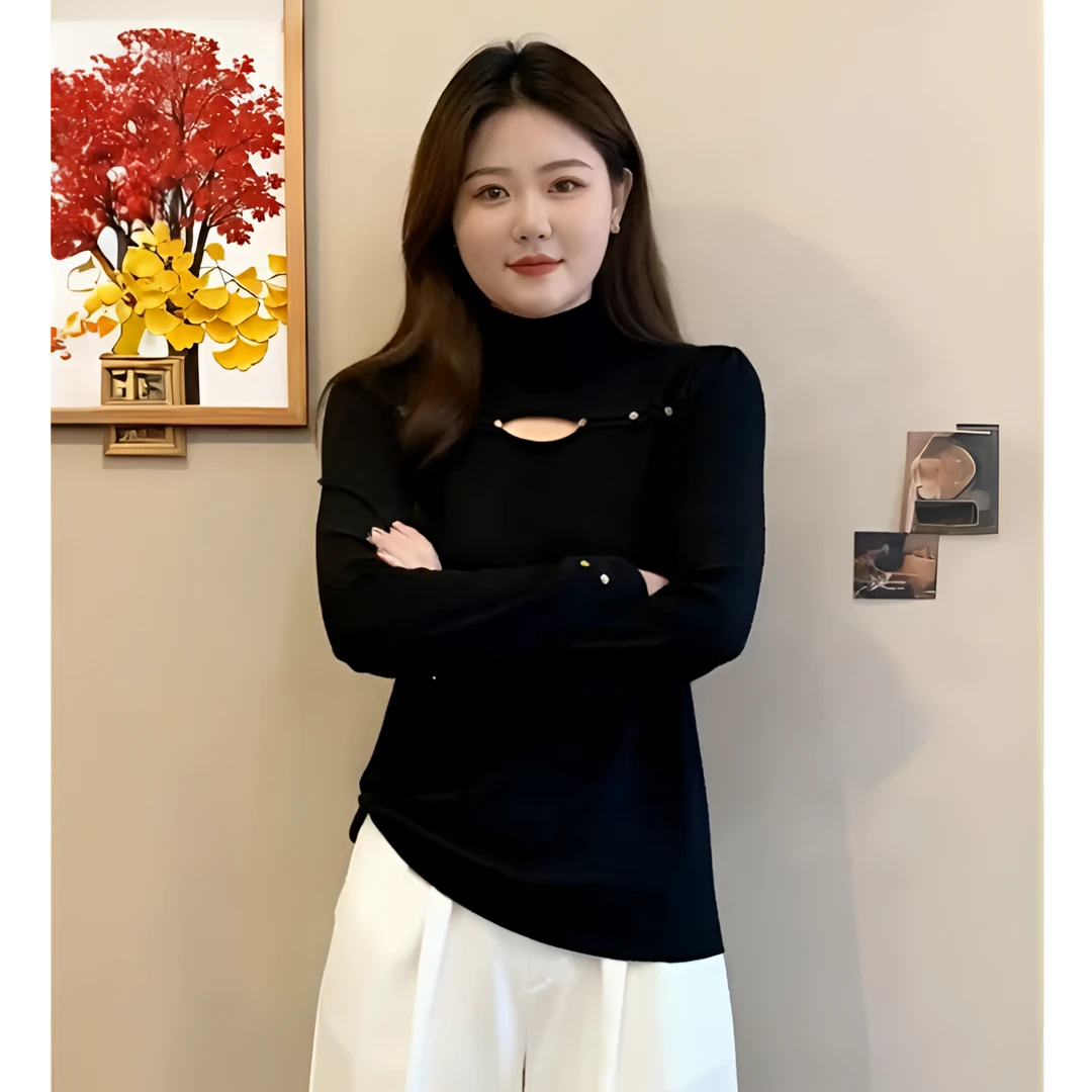 加绒大码女装打底衫半高领内搭秋冬修身显瘦胖mm设计感镂空上衣