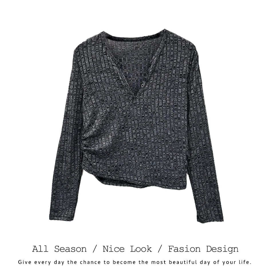 639     时尚深花灰半开领收腰显瘦舒适百搭长袖      款号#3337