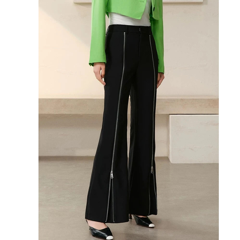 曼德S高腰喇叭裤2025春季新款时尚拉链开叉设计百搭显瘦休闲长裤