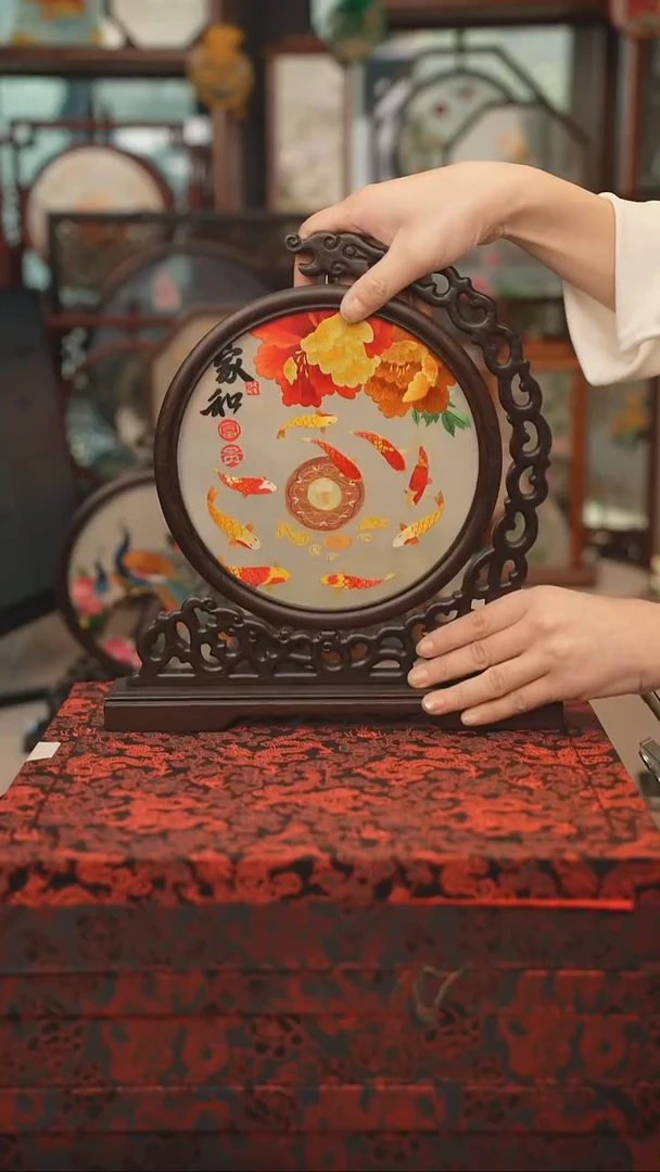 扇子龙头架 苏绣双面绣摆台
