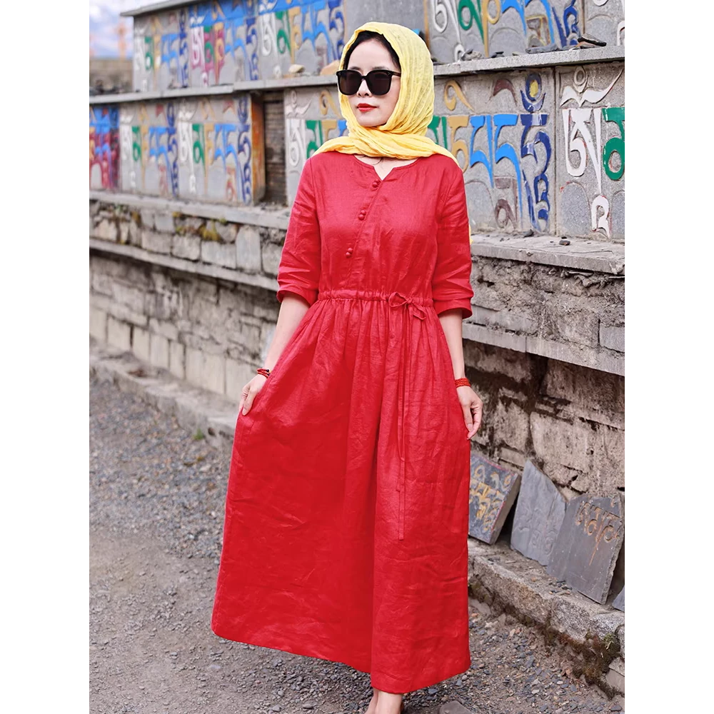 亚麻旅行红色连衣裙女2025夏季新款文艺复古宽松显瘦洋气气质长裙