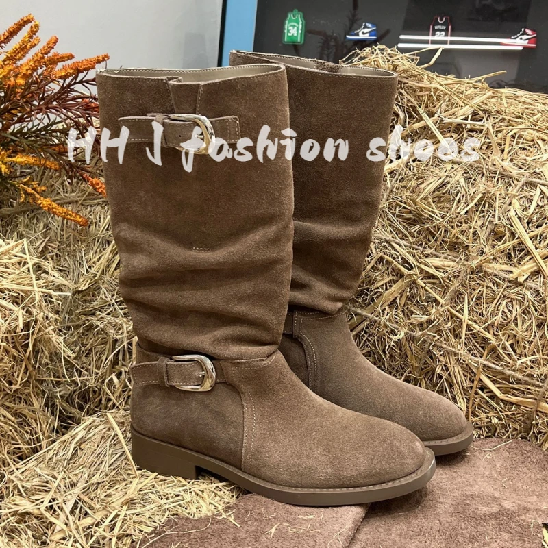 头层牛皮2025秋冬季新款复古时尚百搭内增高堆堆靴西部牛仔长靴女