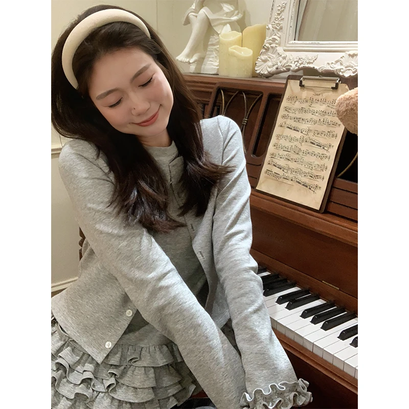 48H【叠穿芭蕾】高个子加长荷叶边拼接假两件圆领开衫卫衣女 SP013