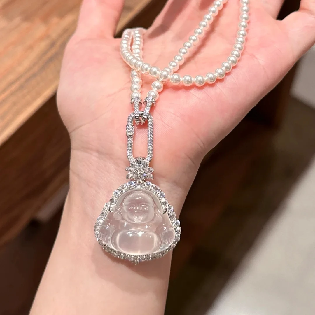 铜合金仿珍珠项链 仙气复古白色透明佛公吊坠回形针项链万能链款