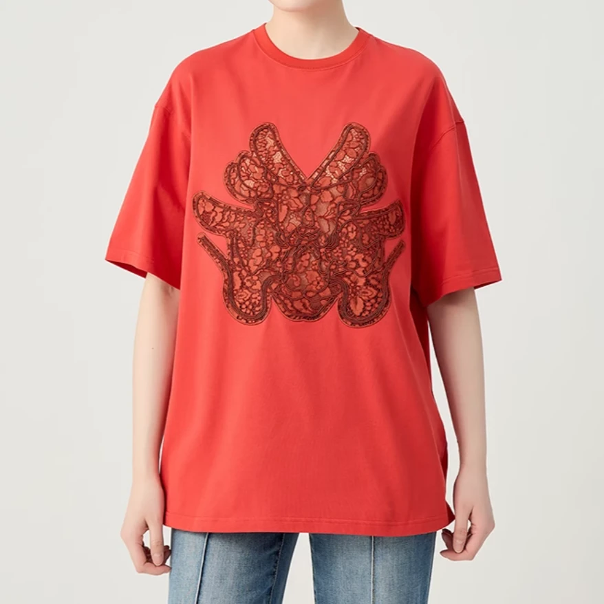 GIRDEAR/哥弟 品质女装经典宽松圆领百搭精致重工T恤130065