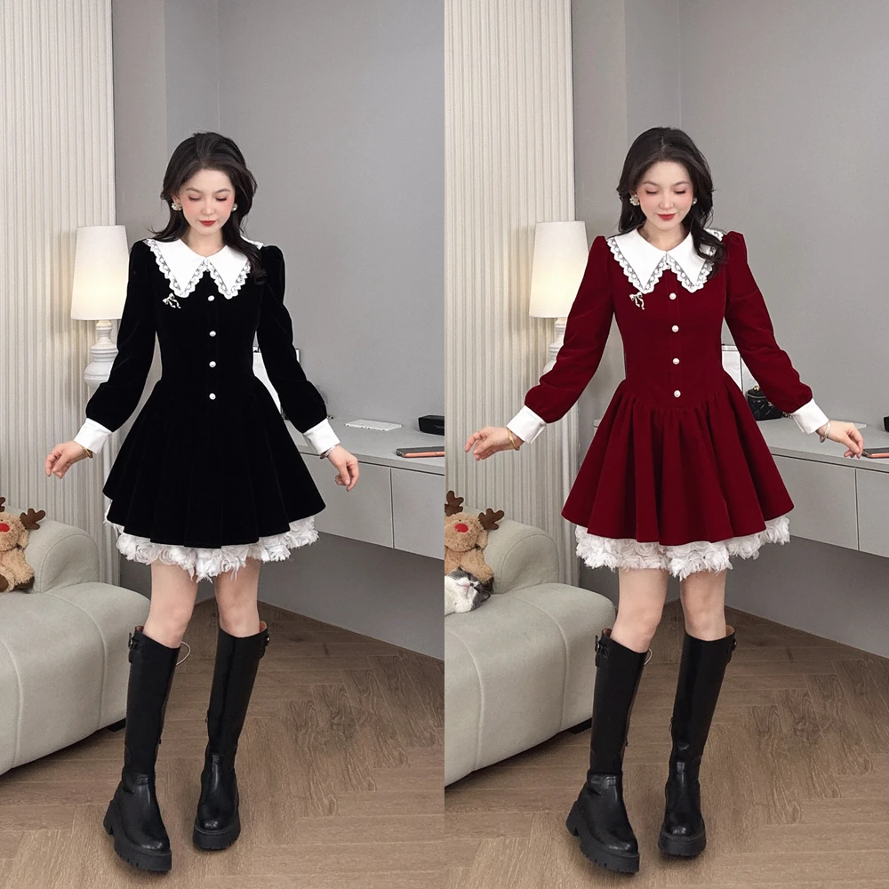 Saeda品牌女装秋冬法式富家千金蕾丝大翻领收腰蓬蓬连衣裙 YF5105