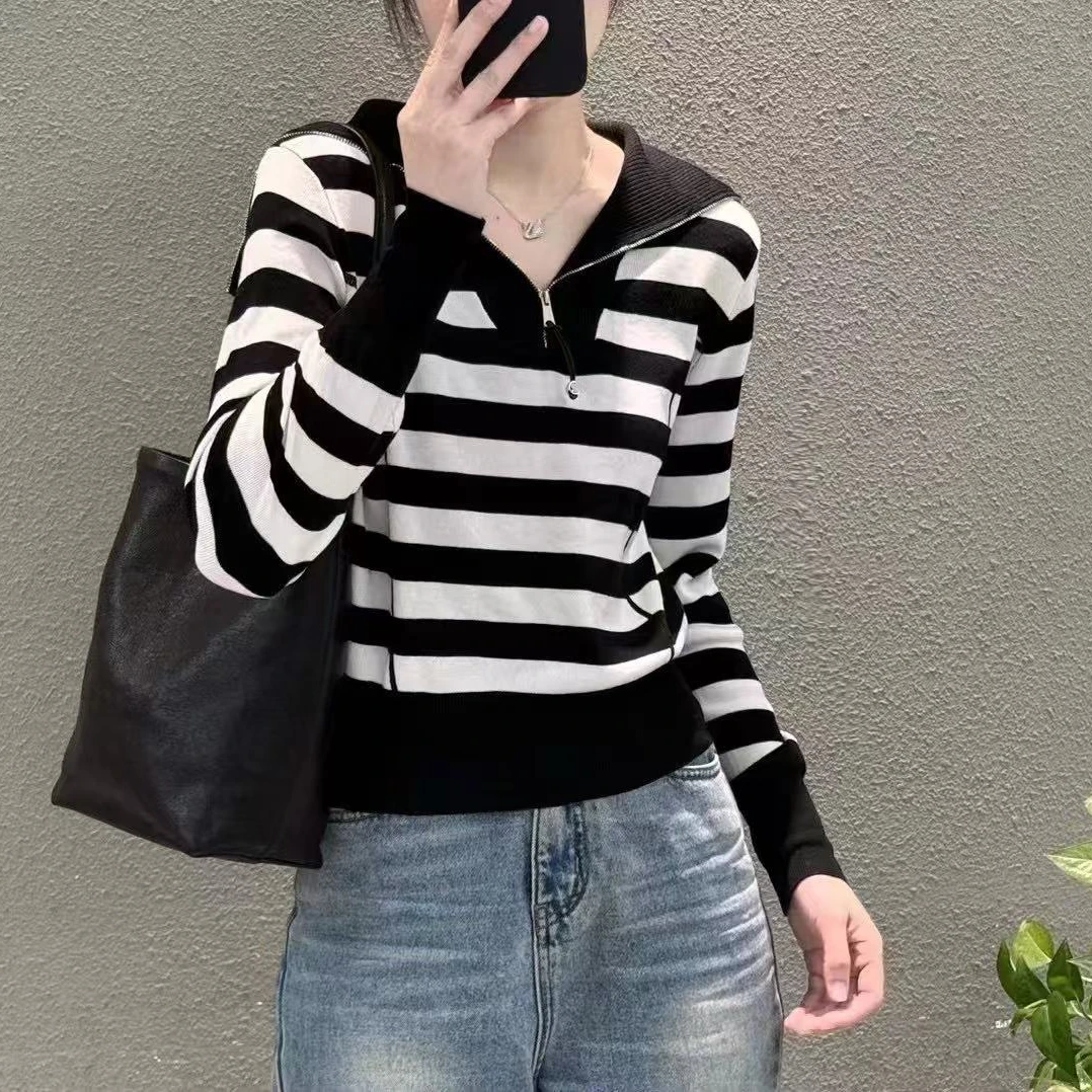 6602春季新款气质设计感半拉链显瘦翻领针织衫女