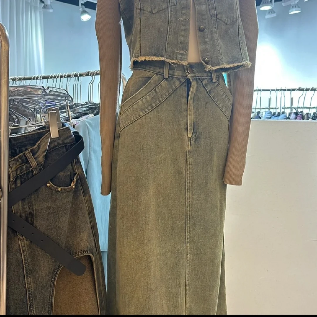 EGO-FCC013怀旧复古牛仔长裙半身裙新款毛边后开叉直筒裙