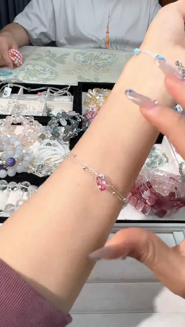 水晶手链银S925镶嵌J001玫粉色华子双层银链款