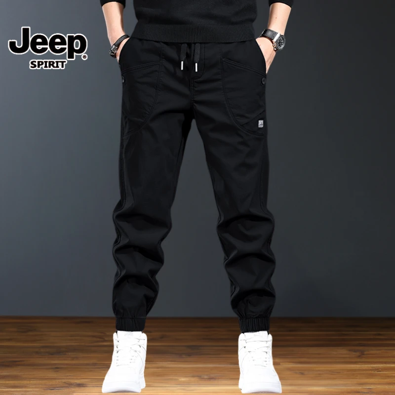 高端松紧腰休闲裤男2025秋冬款黑色百搭潮流帅气束脚工装裤子男款