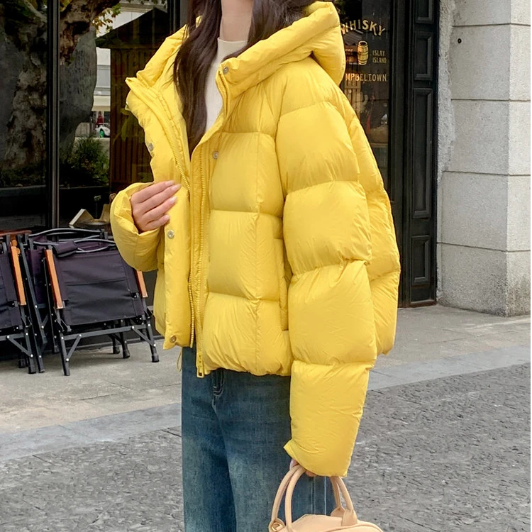 曼德西比利黄色龟背羽绒服女2025冬蓬松连帽加厚面包服白鸭绒外套