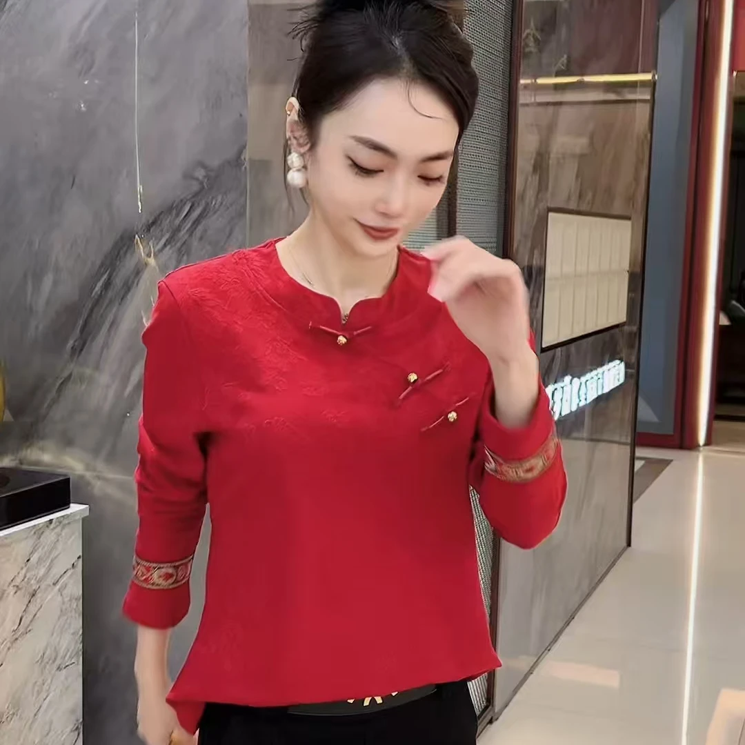 千金风中老年女装加绒轻奢红色时尚宽松型打底