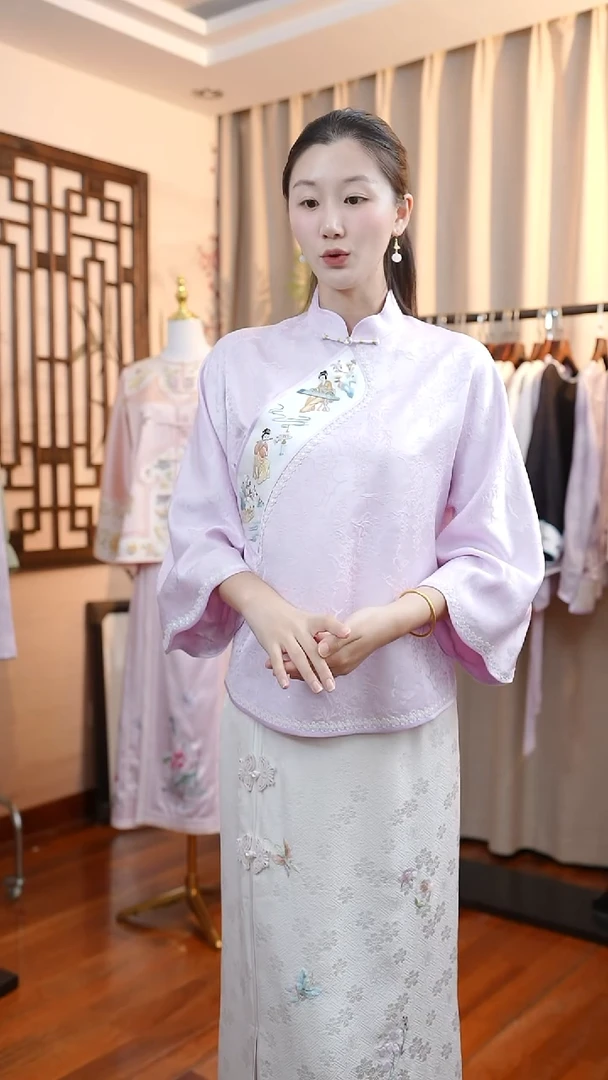 刺绣紫色正绢人物上衣  桑蚕丝非遗苏绣服饰