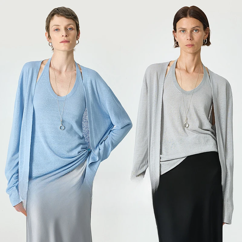 KEIGAN/开间时髦夏日轻透桑蚕丝亚麻极简针织背心开衫心机套装