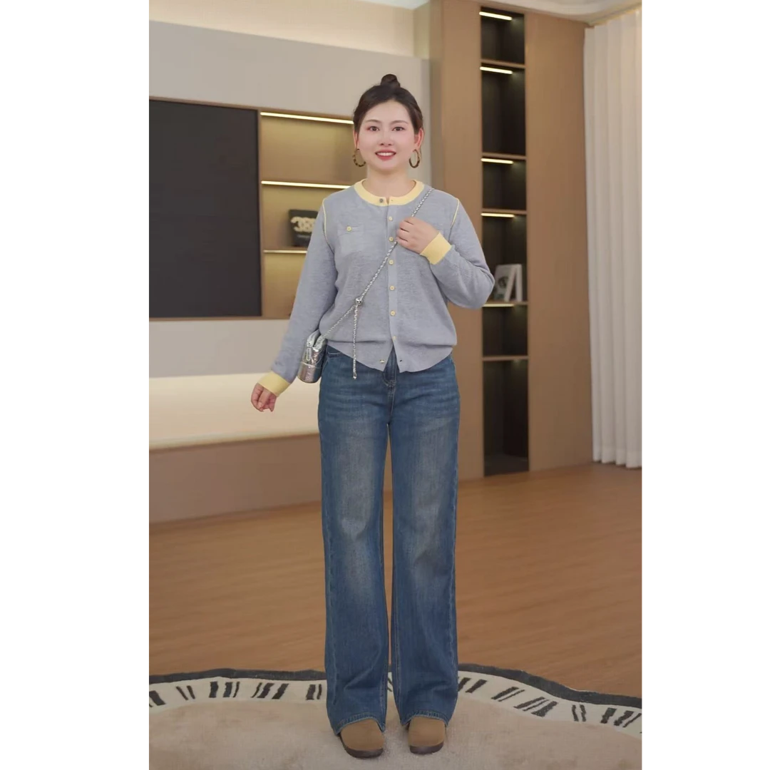 单裤-芳芳微胖定制-秋季热卖松紧腰直筒牛仔裤女设计款女装F3080