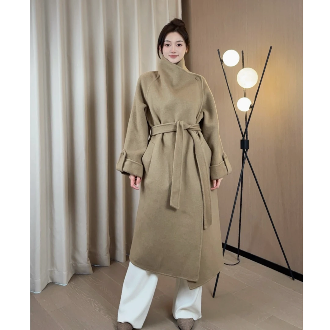 秋冬时尚气质阔版立领系带长款双面呢手缝驼绒大衣女24010