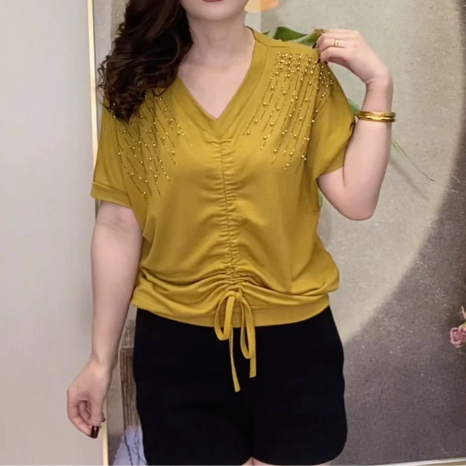2025夏季新款气质百搭显瘦钉珠抽绳T恤时尚宽松V领短袖上衣女士