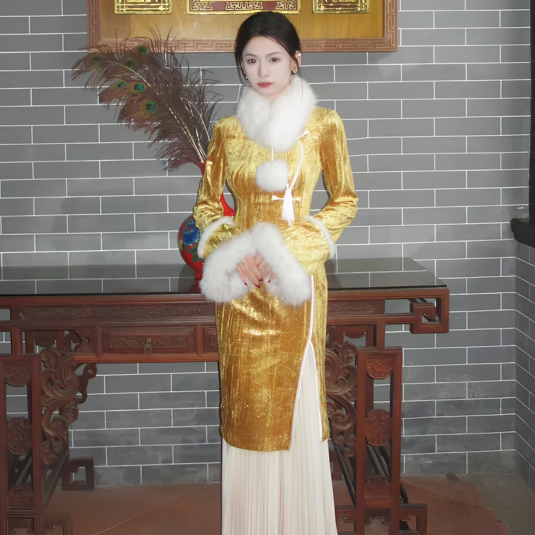 藏白【今朝】新中式改良旗袍气质温柔长款连衣裙秋冬款-SXRYN407676