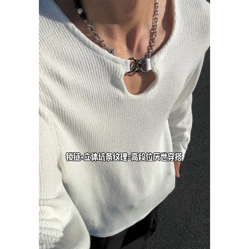 肌理感项链长袖t恤男春秋潮牌高级感痞帅衣服宽松重磅内搭打底衫